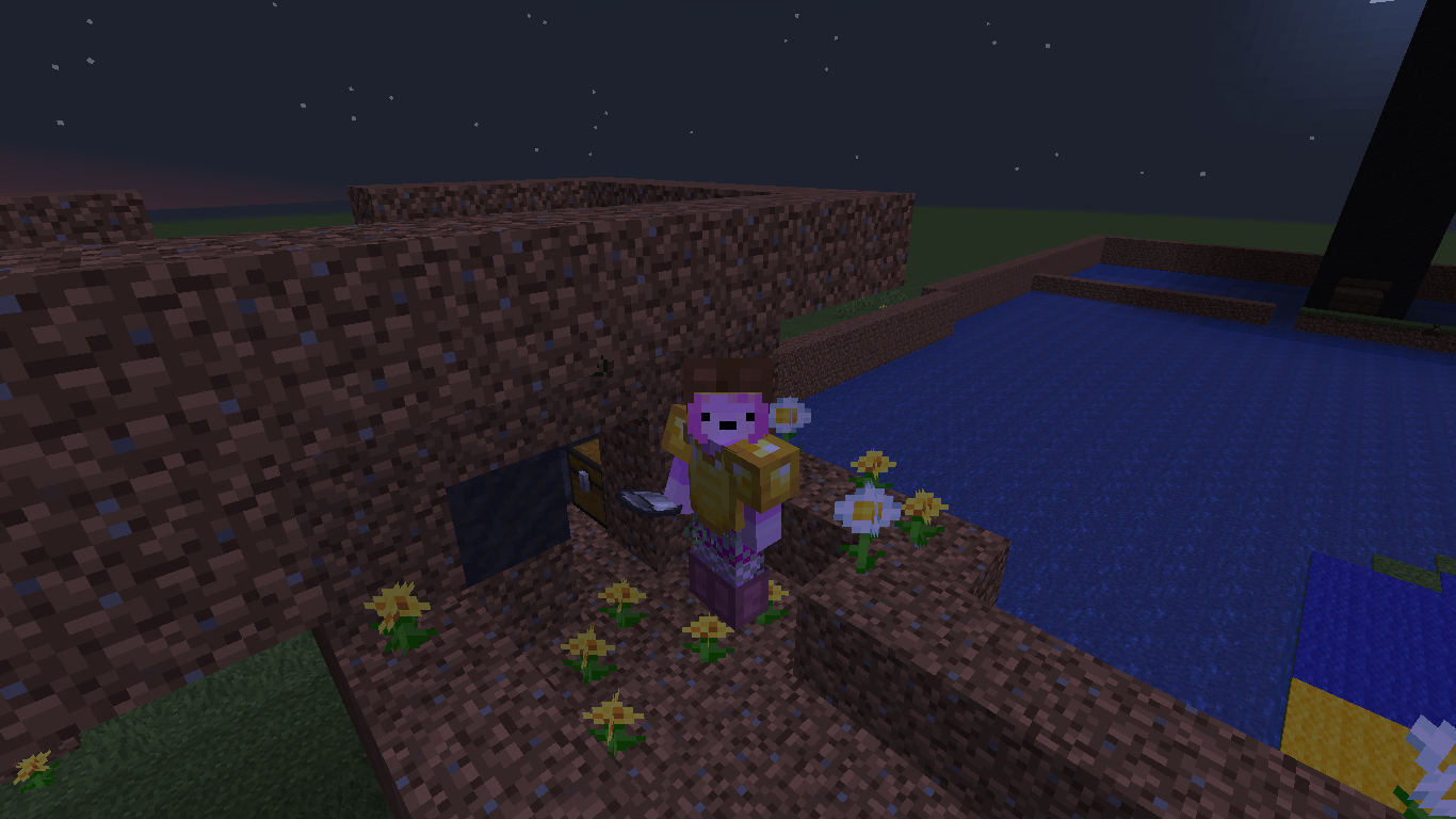 Minecraft player in princess bubblegum skin holding a bucket at night on a strange dirt structure. 